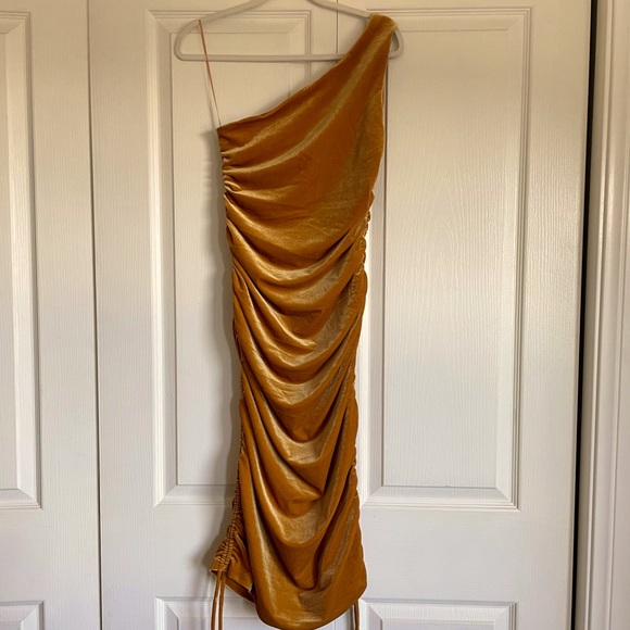 NWT House of Harlow 1960 Women’s Slinky Ruched Velvet Mini Dress Gold X-Small - Picture 5 of 14